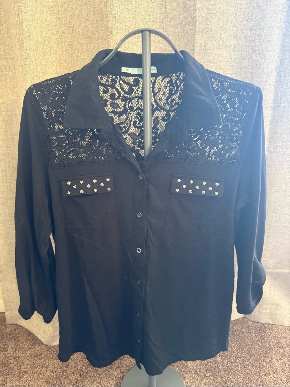 Maurices Black Lace-Yoke Studded Pocket Button-Down Shirt